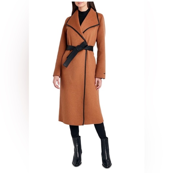 Tahari Juliette Wool Blend Brown Belted Coat with Faux Leather Trim Size Medium - Picture 6 of 15